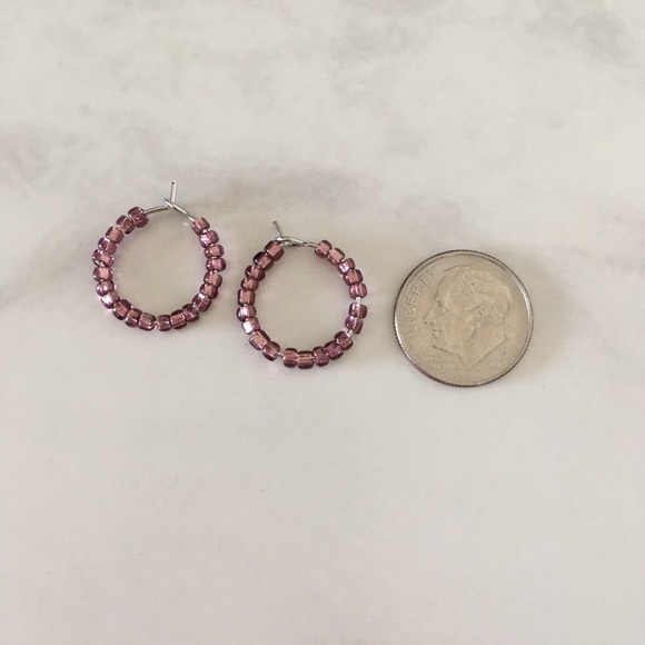 Tiny Silver Hoops with Amethyst Colored Beads - Picture 3 of 3